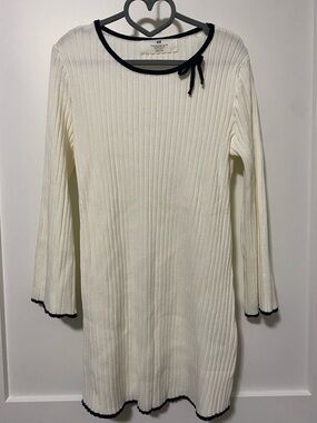 H&M Cream Ribbed Long-Sleeve Dress with Black Trim Bow